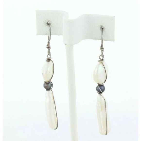 Sterling Silver White and Black Pearl Earrings Dangle Drop Earrings - Picture 6 of 7